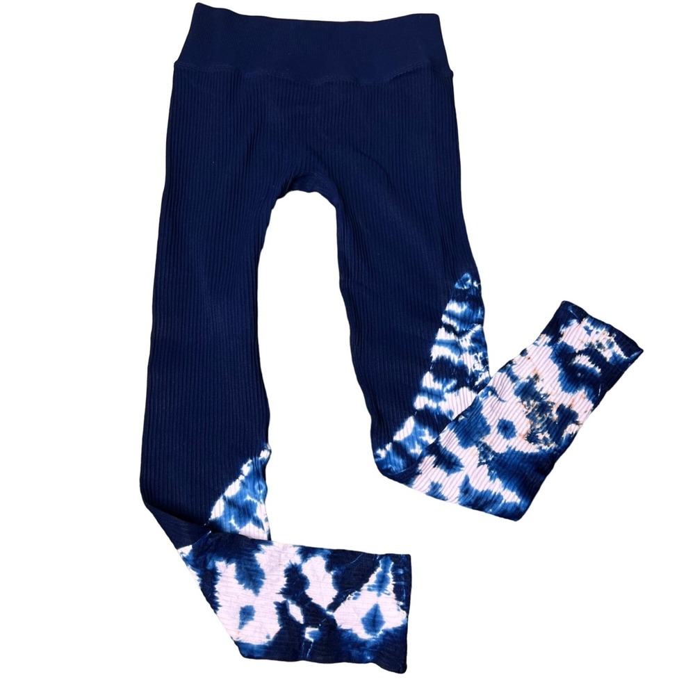 NUX Ribbed Leggings Size M Tie Dye Navy and White V Back NEW